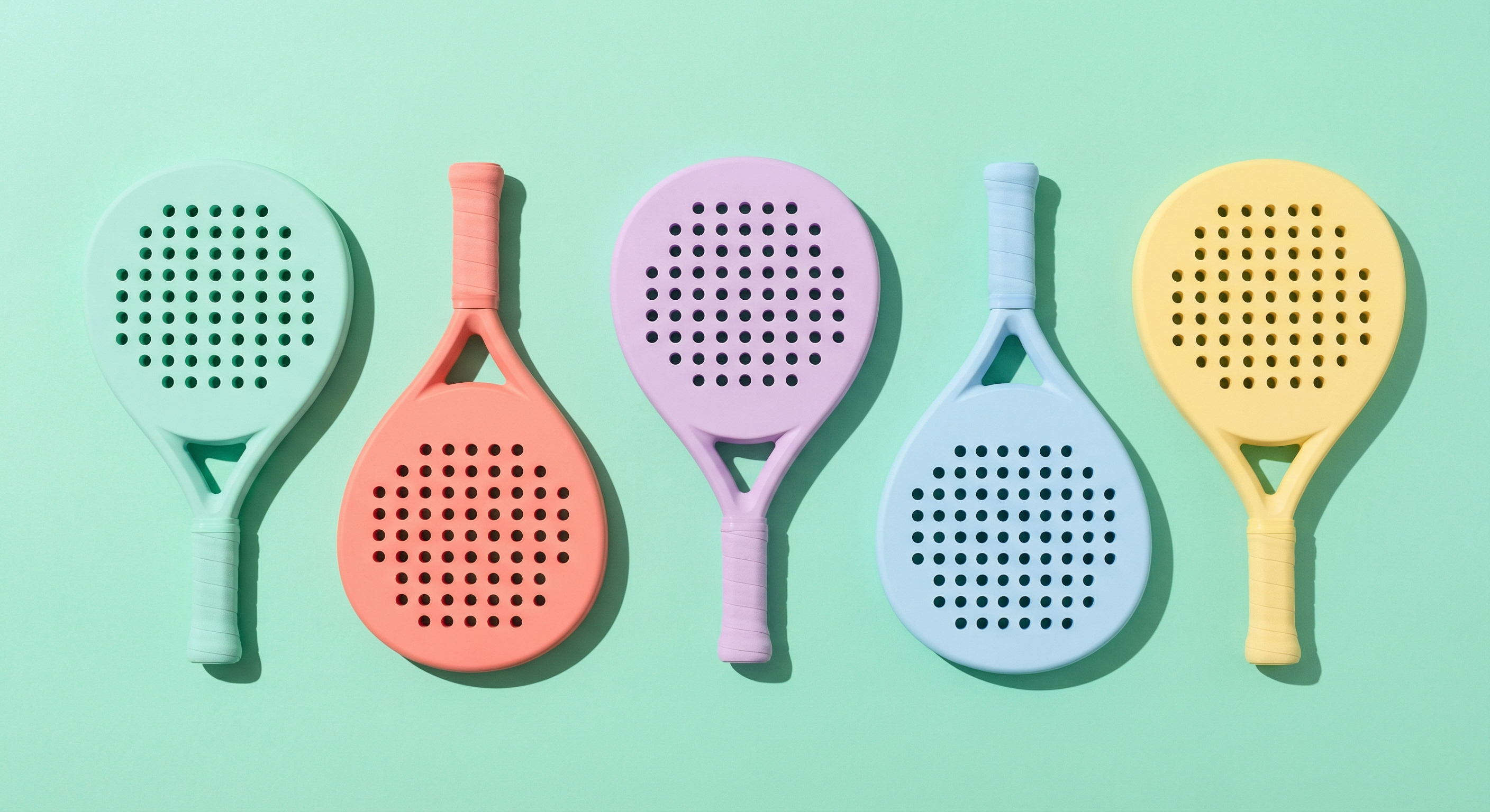 Collection of colorful mini padel rackets arranged in a row