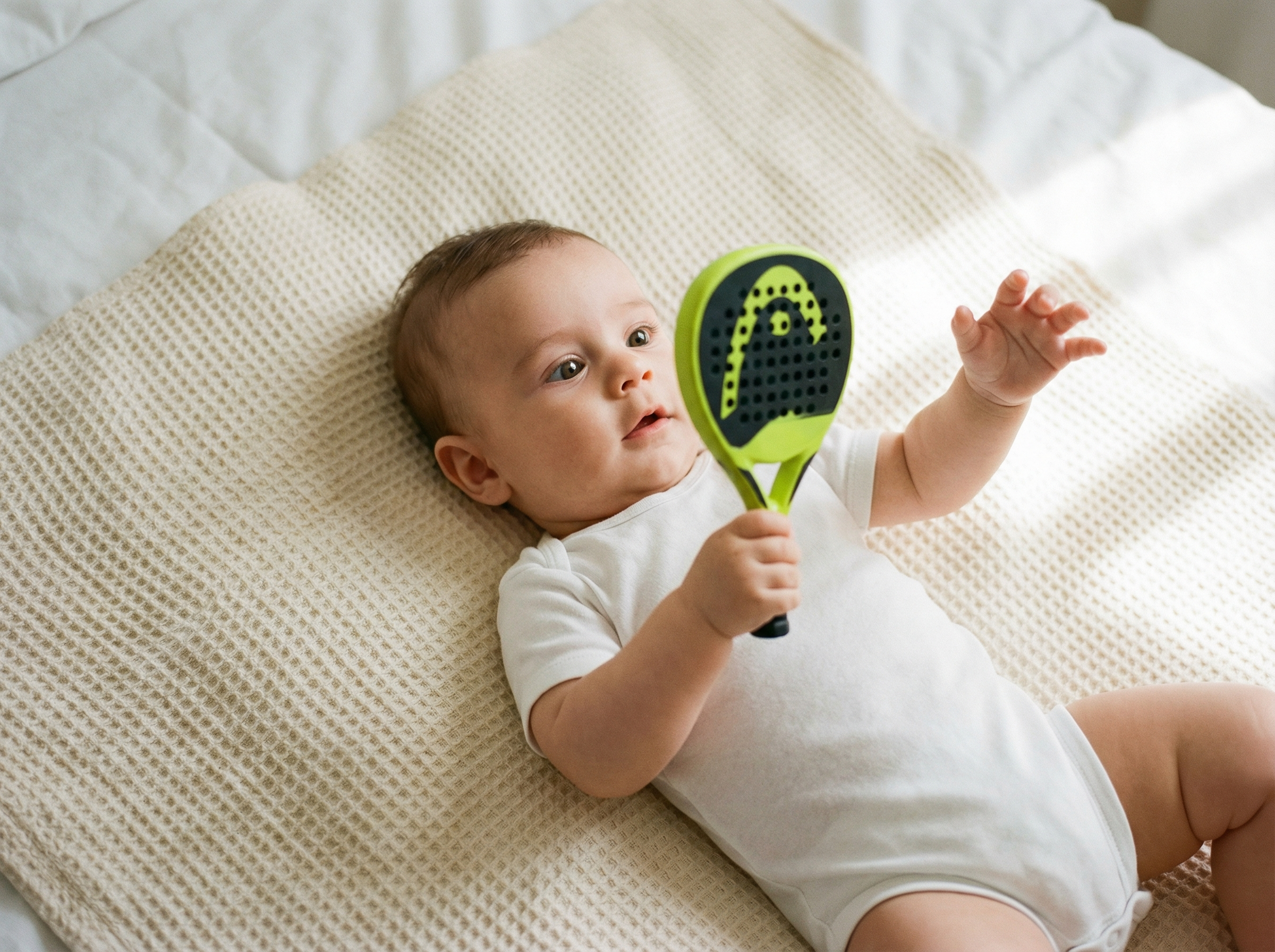 Baby lying on blanket holding a mini replica padel racket