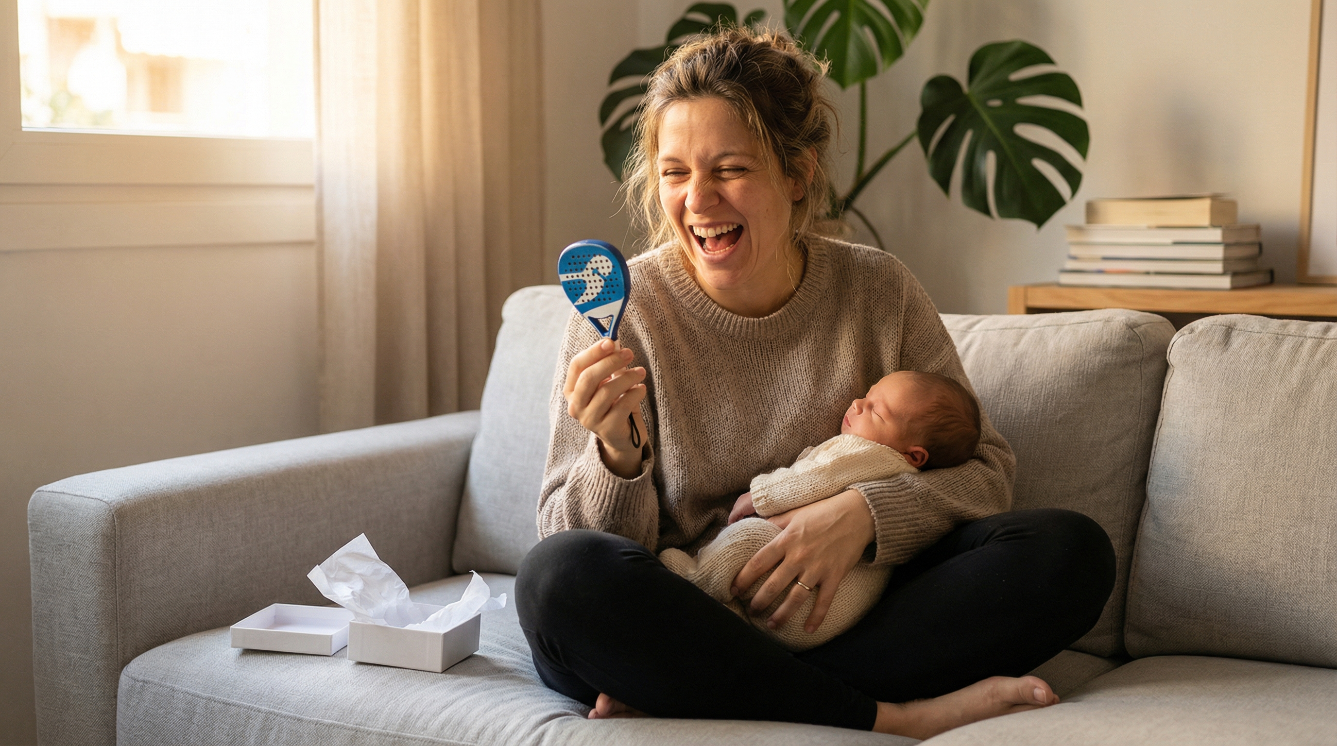 Mum laughing while holding a tiny mini replica padel racket, newborn in her arm