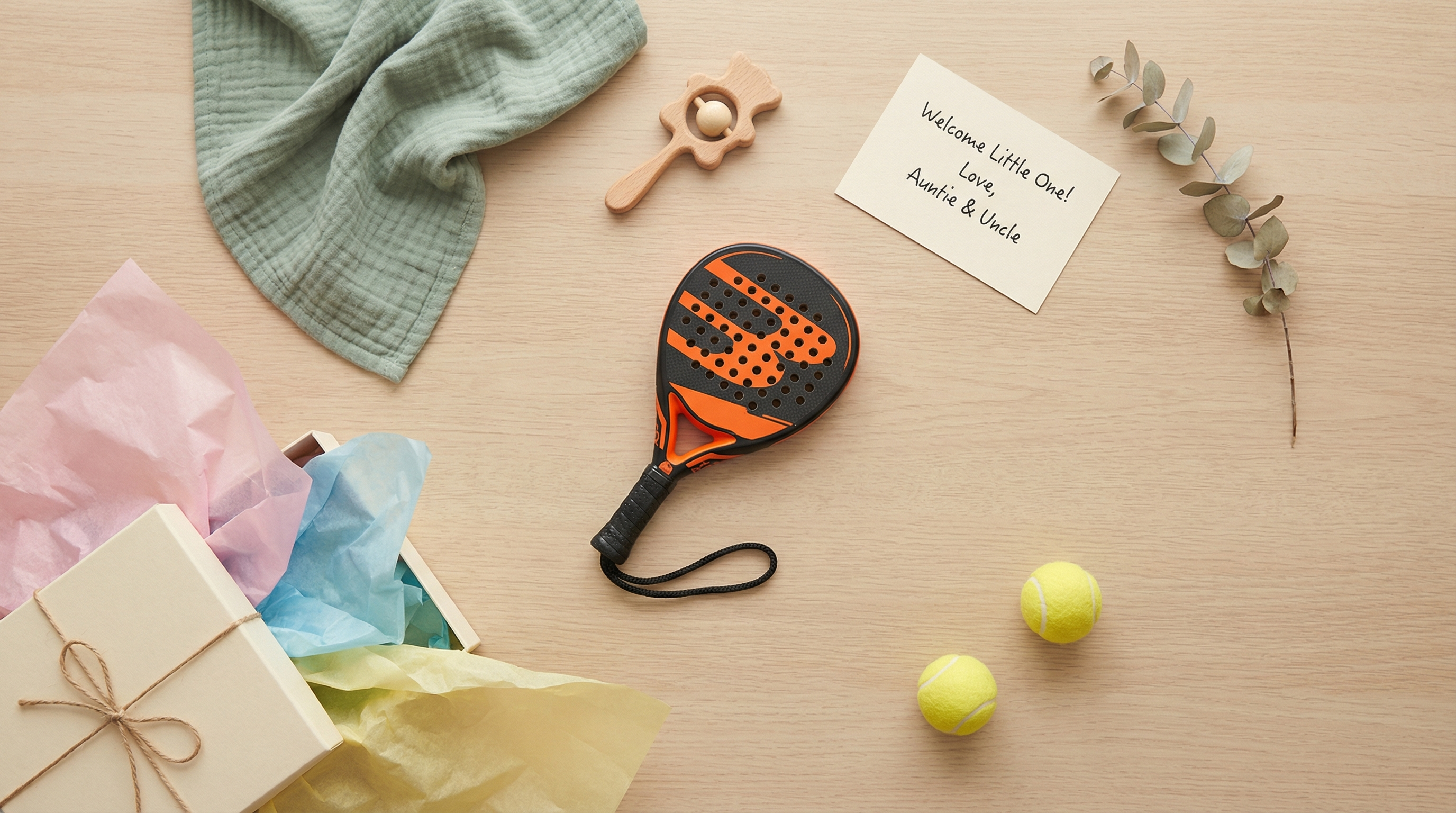 Baby shower flat lay with mini replica padel racket, gift box, and baby items