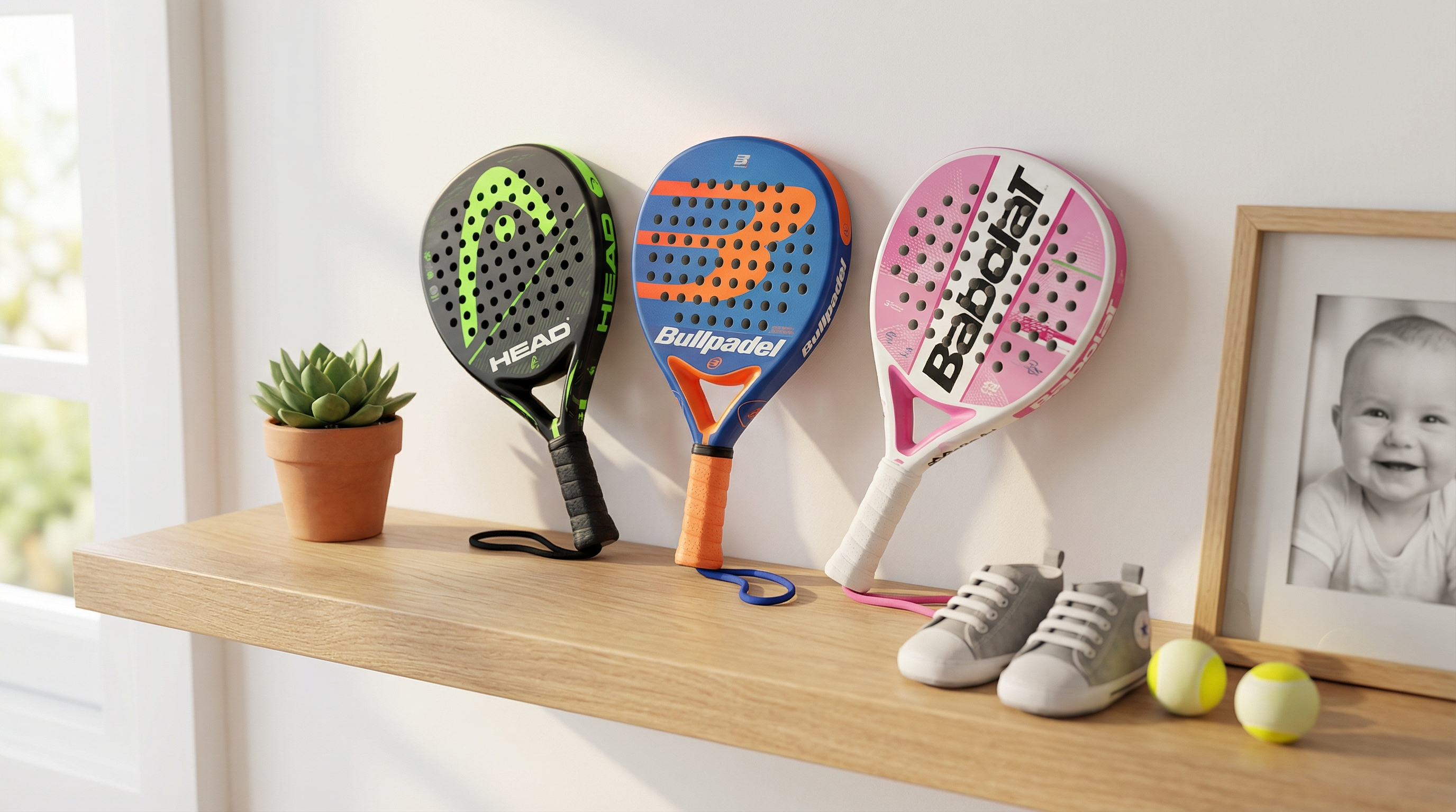 Three mini replica padel rackets displayed on a nursery shelf with baby shoes