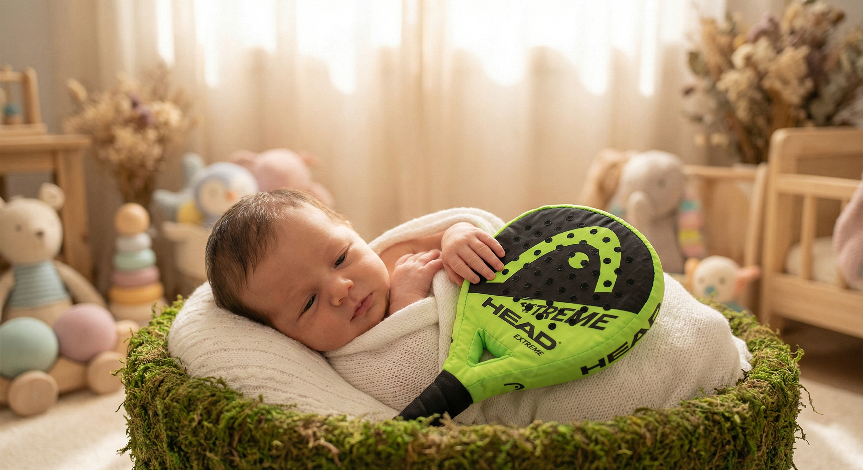 Newborn baby with a mini padel racket gift