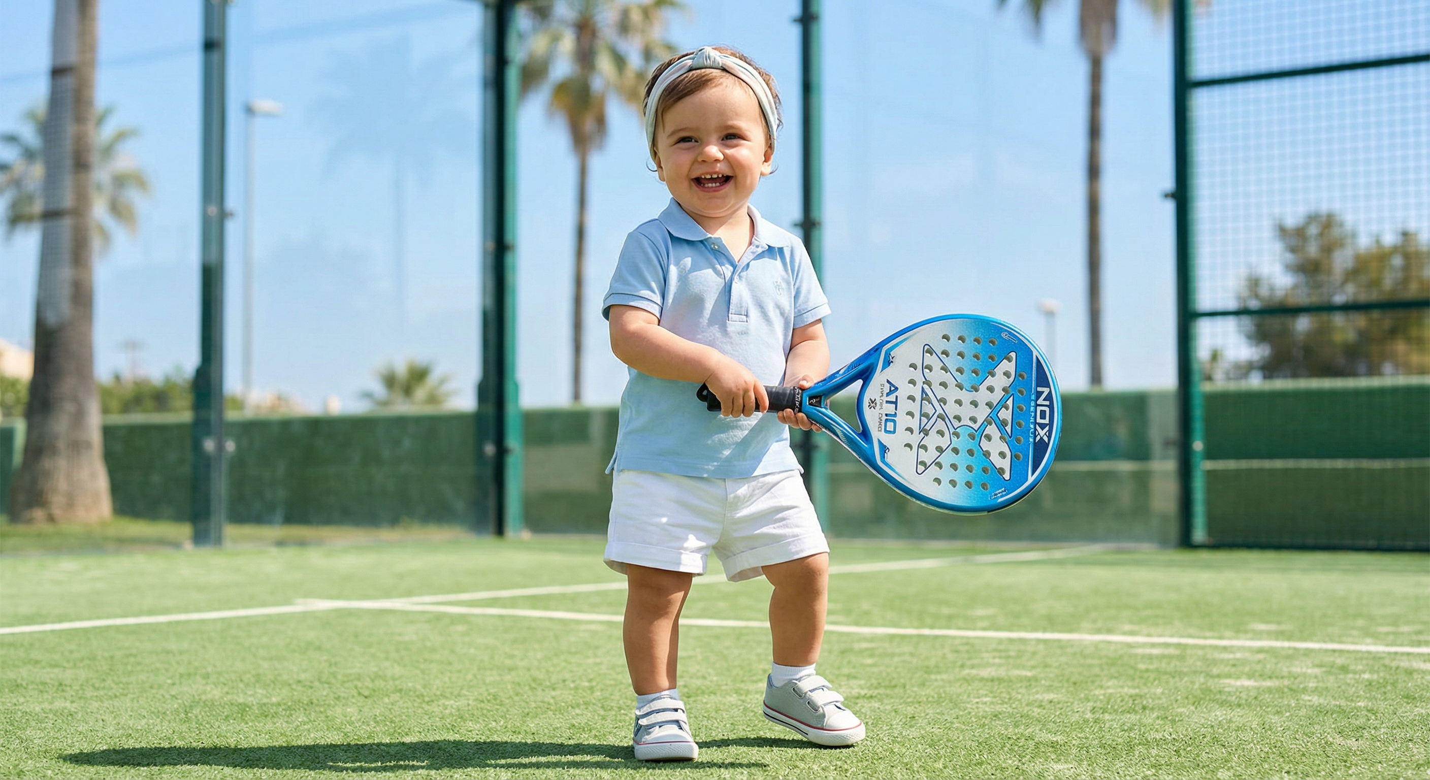 Toddler in padel outfit with a mini racket